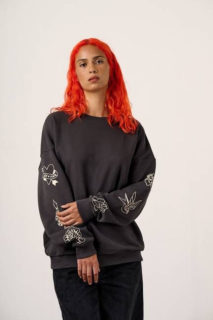 Sutton - Cotton Jersey Oversized Sweatshirt in Charcoal with Tattoo Printed Sleeves