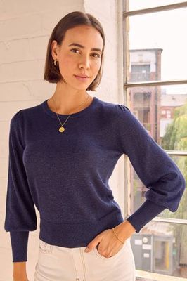 Metallic Knit Crew Neck Jumper | Navy