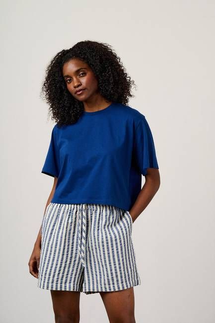 Zayla - Cotton Cropped Boxy T-Shirt in Navy