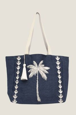 Palm Tree Jute Beach Bag | Navy/Silver