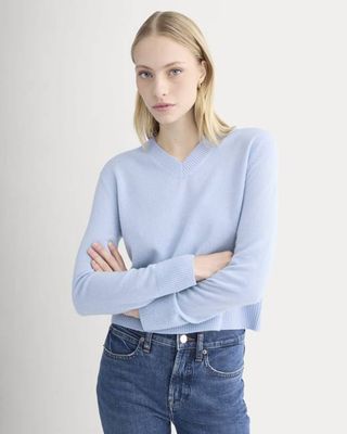 Cashmere Cropped High-V Sweater | Open Air Blue