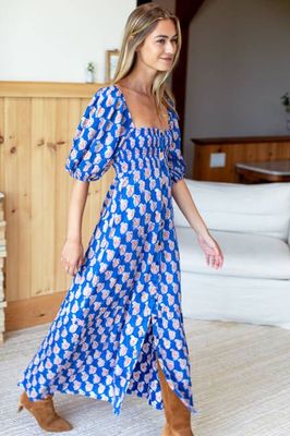 Santiago 3 Maxi Dress - Blue Paisley Flower Satin