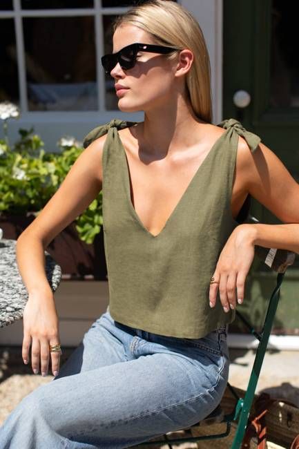 Tie Shoulder Mod Top - Gothic Olive Linen
