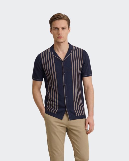 Navy Triple Stripe Flatknit Camp Shirt