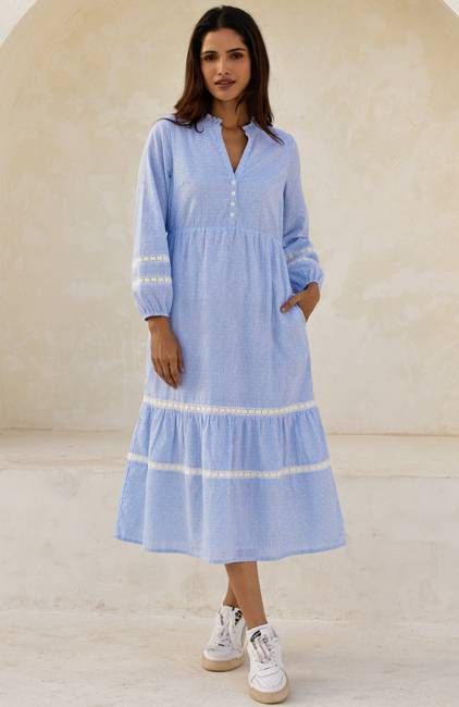 Sadie Stripe Dobby Organic Cotton Dress | Blue/White