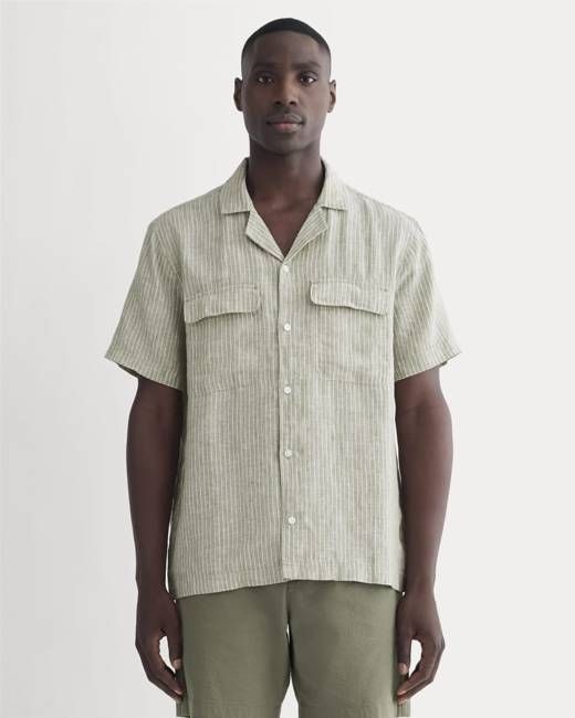 The Resort Shirt in Linen | Oil Green / White