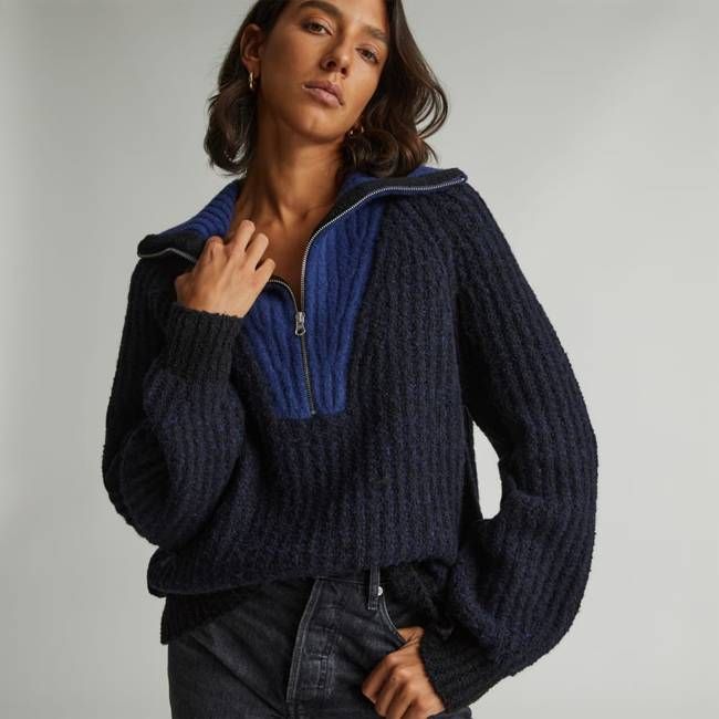 The Luxe Teddy Oversized Half Zip Sweater | Black / Ocean Cavern