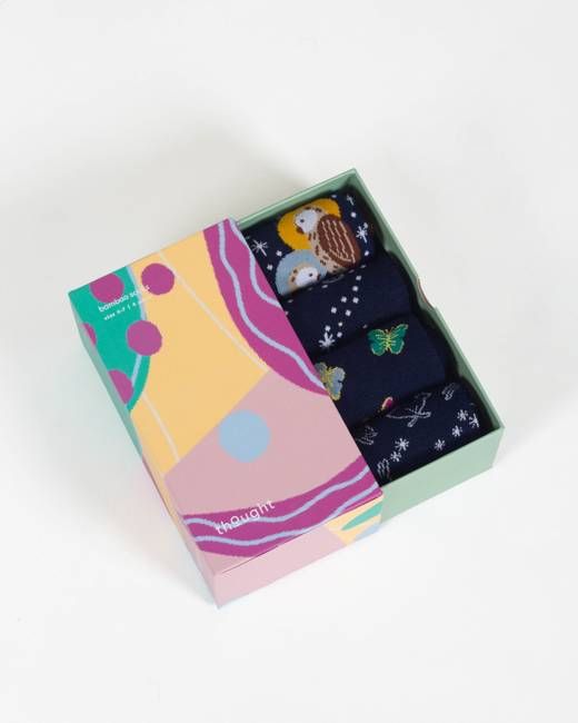 Starry Night Owl Bamboo Gift Box of 4 Socks - Blue Multi