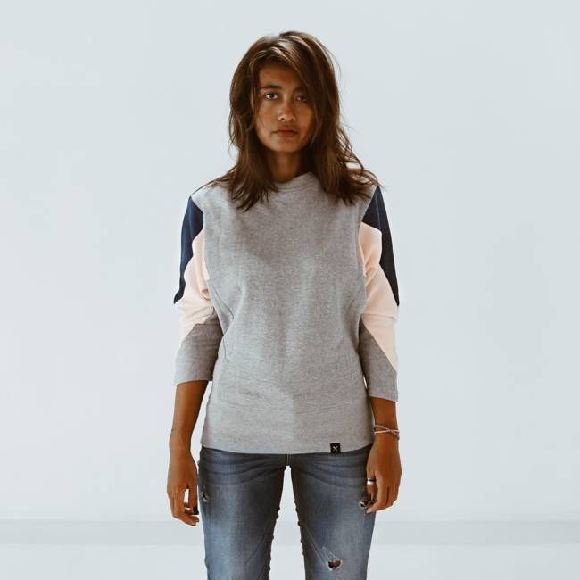 Sweatshirt - AMY - gemaakt van 4 verschillende gerecyclede stoffen - lichtroze, denim, grijs