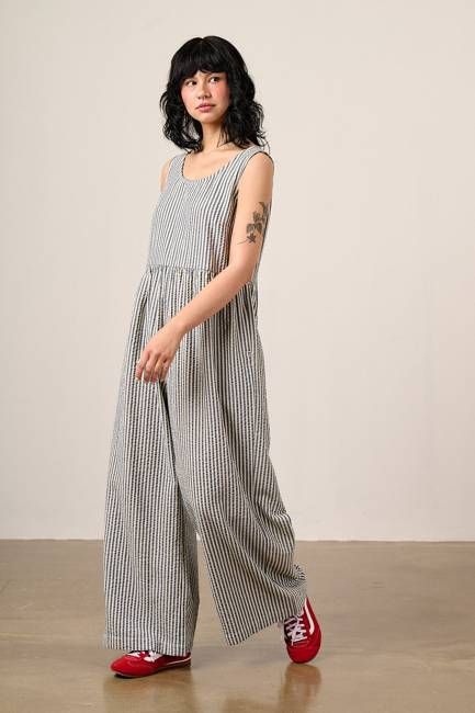 Bellamy - Wide Leg Cotton Jumpsuit in Blue & White Stripe