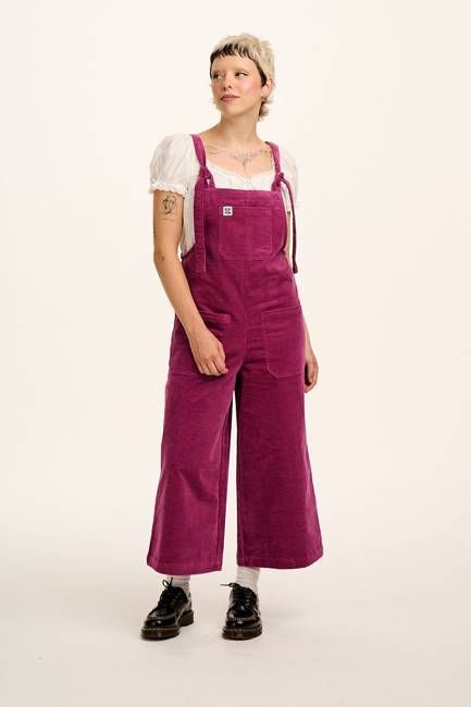 Jenny - Wide Leg Corduroy Dungaree in Raspberry