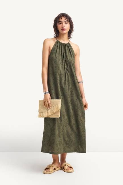 Alora High Neck Dress - Olive Tropical Eyelet