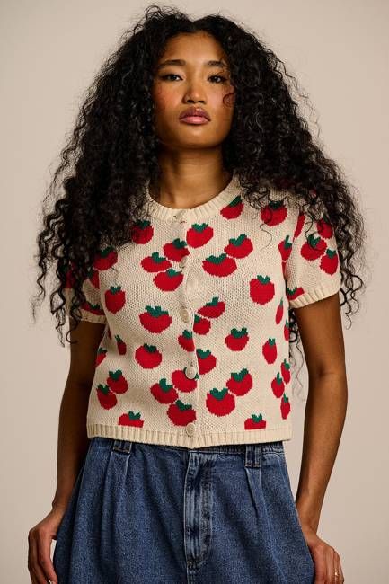 Lizzie - Cotton Short Sleeve Knitted Cardigan in Tomatoes