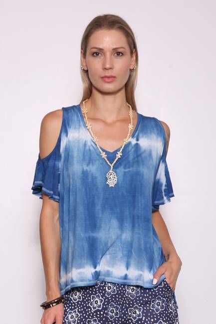 KIRA-ECOD Upcycled Eco-Dyed Ruffle-Sleeve Top, Indigo