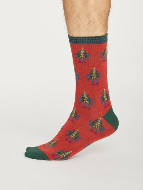 Mens Bamboo Robot Crew Sock - Terracotta