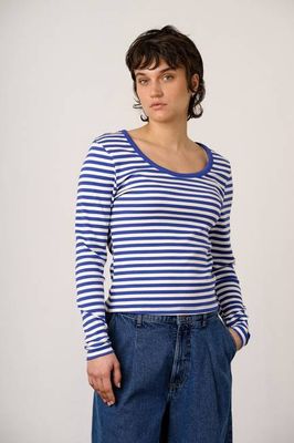 Remy - Ribbed Cotton Scoop Neck Long Sleeve Top in Blue & White Stripe