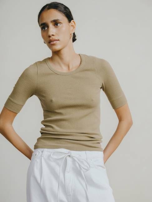 Rib Tee, Ribbed Silk Noil Jersey, Cactus