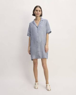 The Shirtdress in Linen | White / Blue
