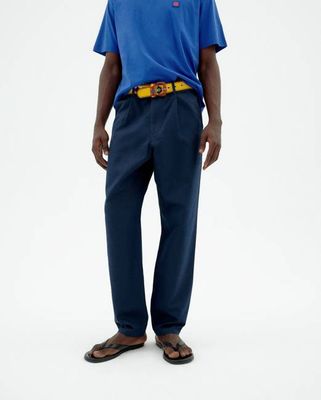 Blue relaxed pleat hemp Moero pants