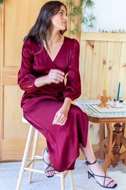 Bishop Sleeve Dress  - Cabernet Satin