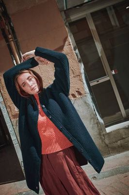 AGATHE Long Knit Jacket in Merino Wool - Navy