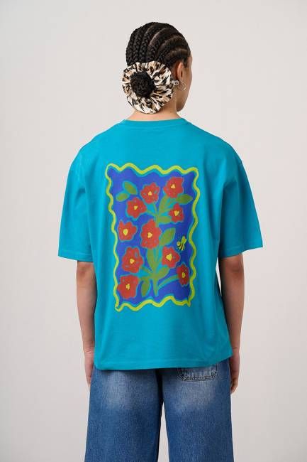 Benny - Oversized Cotton T-Shirt in Blue Flower Tile Print