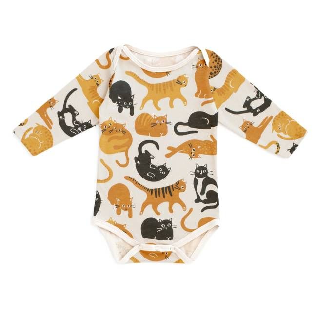 Long Sleeve Snapsuit - Cat Friends Gold & Yellow