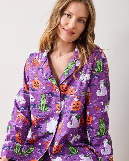 Halloween House Cats - Petite Long PJ Set - Purple Tonic