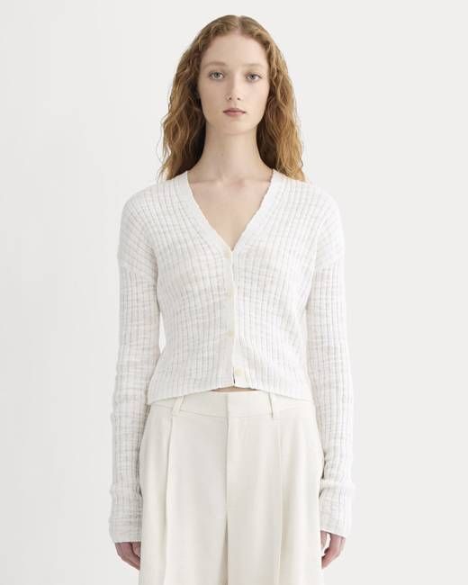 The Ribbed Cardigan in Cotton Linen | White