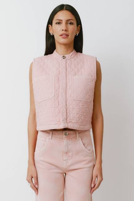 Pablo Quilted Denim Vest in Peony Pink