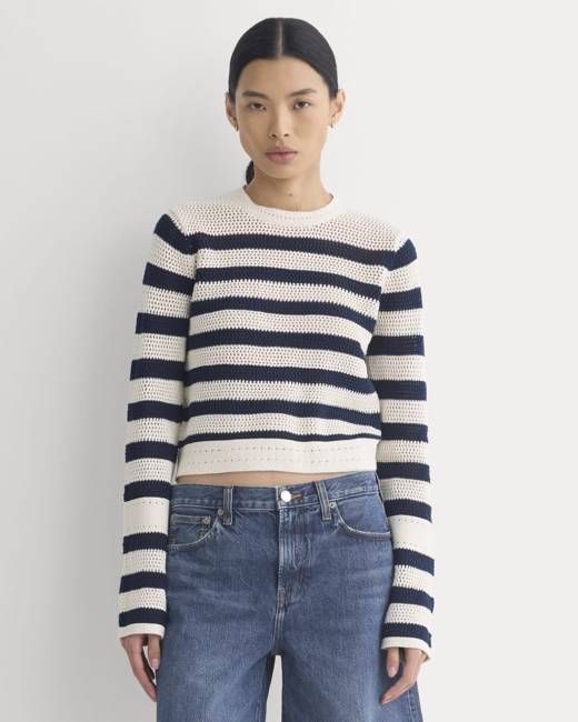 Open Knit Long-Sleeve Crew in Everyday Cotton | Canvas / Navy