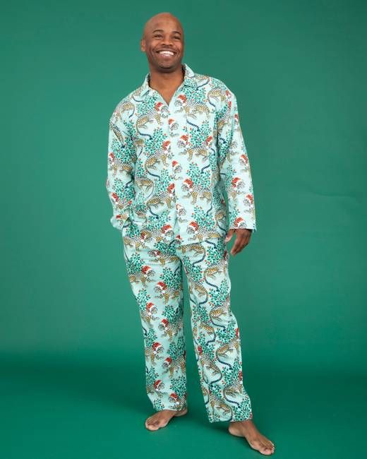 Holly Jolly Bagheera - Men's Lightweight Flannel Long PJ Set - Frosted Mint