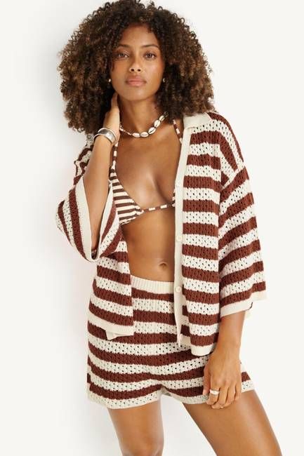 Marea Crochet Resort Shirt - Red Ochre Stripe Crochet