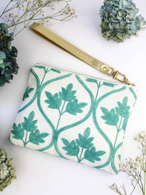 Mayfair Aqua Botanical Embroidered Wristlet Purse