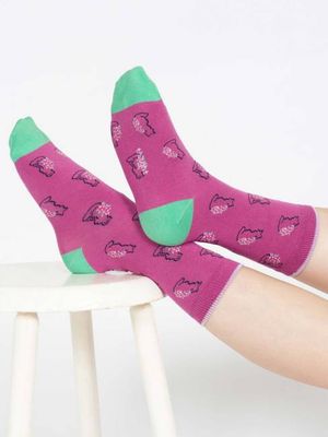 Outline Animal Bamboo Socks - Purple Cat