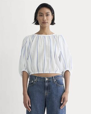 The Gauze Puff-Sleeve Top | Bone / Dutch Blue
