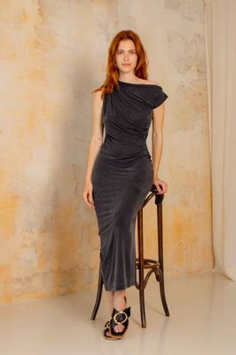 Drape Cupro Midi Dress in Slate Black