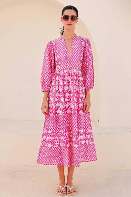 Martha Organic Cotton Mix Print Dress | Dianthus Print Pink/White