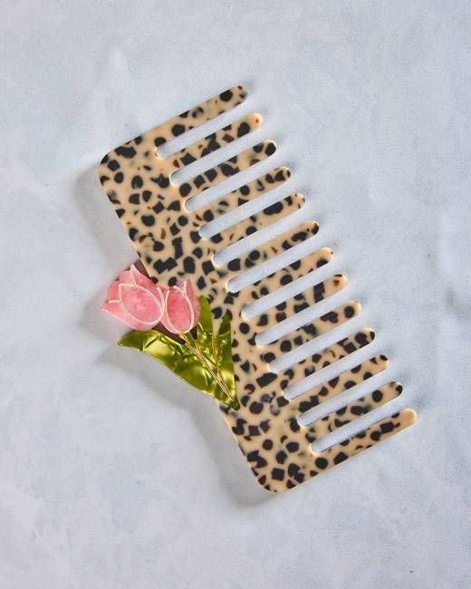 Leopard Combo - Hand Painted Vintage Tulips Detangling Wide Tooth Hair Comb - Solar Eclipse