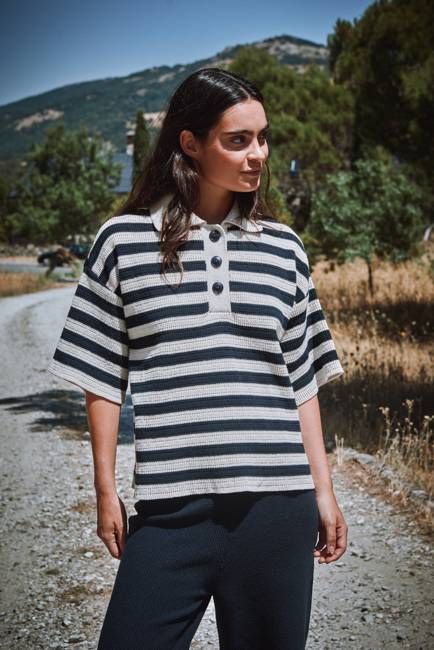 LILI Oversize Polo Shirt in Organic Cotton - Navy and Off-White Stripes