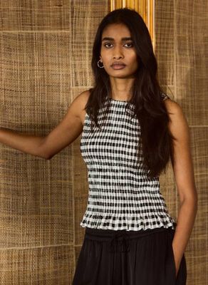 Maggie Linen Gingham Ärmelloses, gesmoktes Top