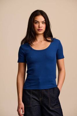 Vita - Kurzarm-T-Shirt aus gerippter Baumwolle mit U-Ausschnitt in Marineblau