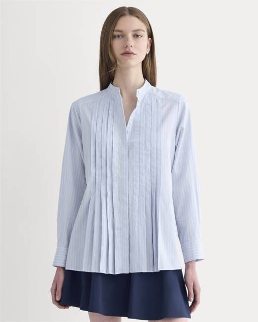 The Pleated Shirt in Silky Cotton | Forever Blue / Optic White