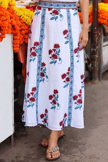 Florrie Block Print Organic Cotton Skirt | Buta Teal/Red