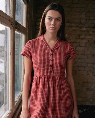 No.30 Collared Linen Dress in Pomodoro Plaid