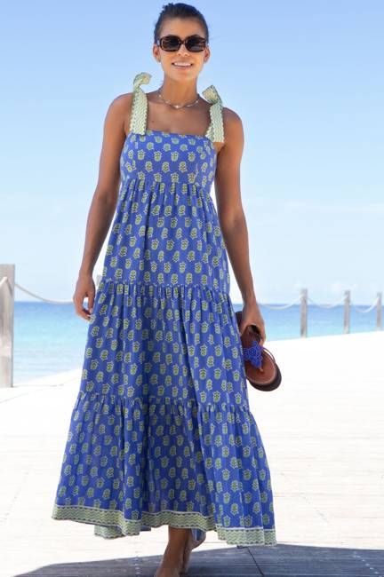 Tabitha Printed Organic Cotton Dress | Odisha Print Blue/Green