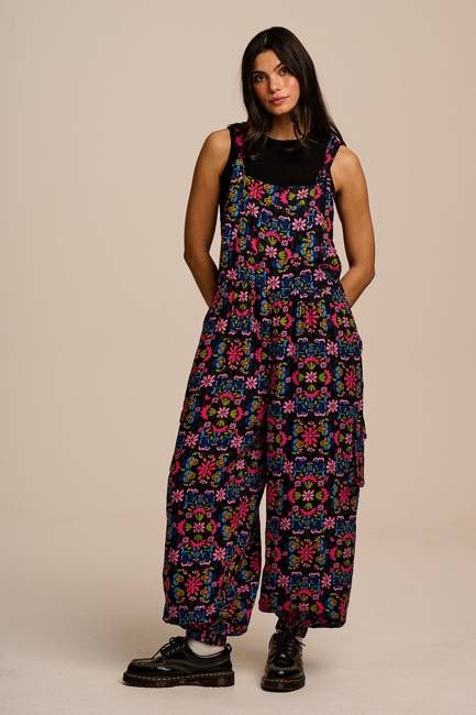 Miyada - Cotton Balloon Leg Dungarees in Blue Artisan Floral Patchwork