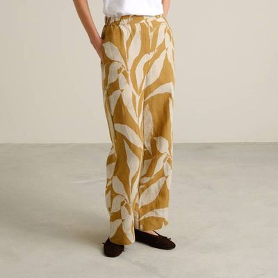 DEDICATED - Pants Lansa Linen Abstract Leaf Bronze Yellow