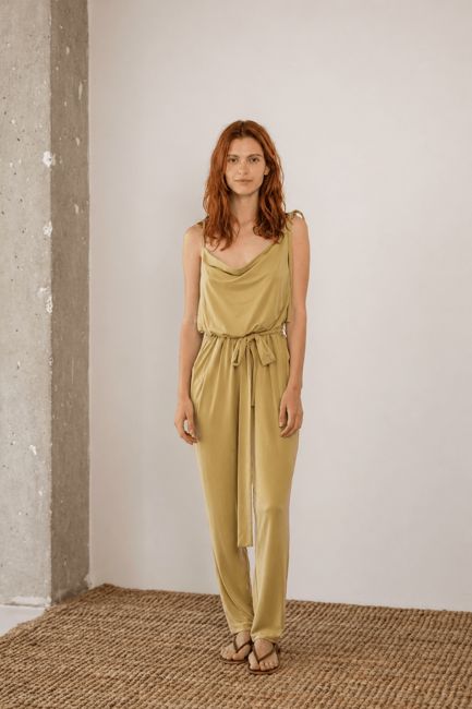 Cupro Slip Jumpsuit with Belt in Olive - ARCHIVE SALE