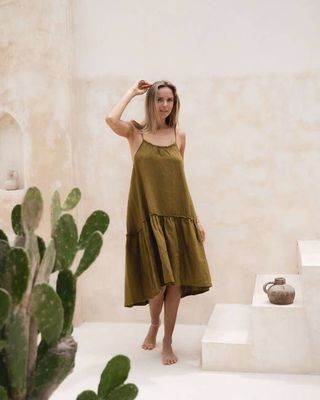 Bella - Linen Dress in Honey Green